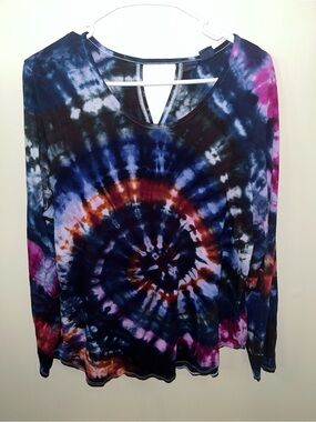 Custom Made Tie-Dye Long Sleeve V-Neck Top - Multicolor Womens Size XL
